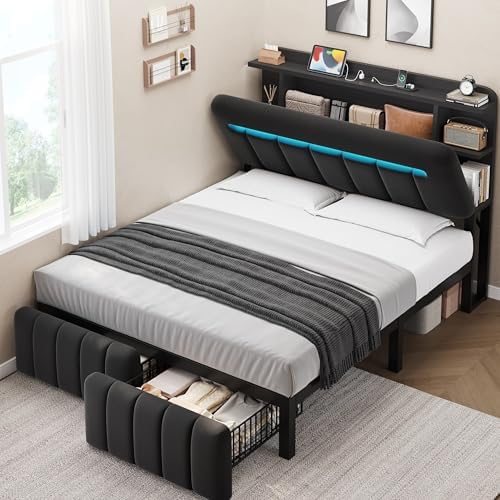 Twin Bed Frames with Storage Headboard for Kids/Boys, Upholstered Black Bed Frame Twin Size with Storage Drawers and Charging Station,Velvet Platform Metal Bed, Noise-Free, No Box Spring Needed