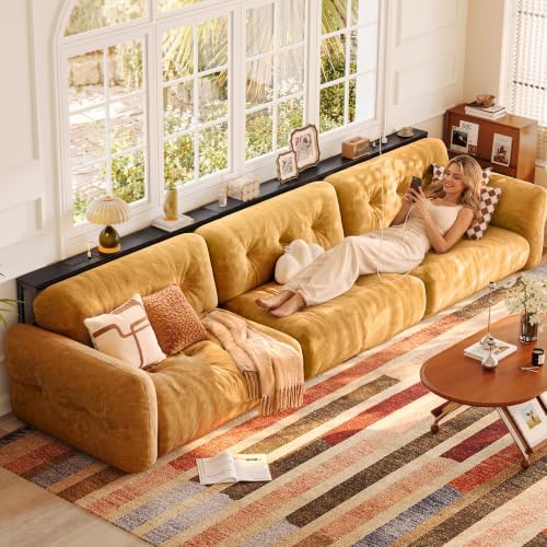Huuger 110.2-133.8'' Extendable Behind Couch Table with Outlets, Black
