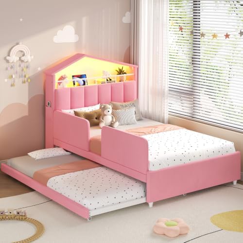 ADORNEVE Twin Size Bed Frame with Trundle & LED Lights,Pink