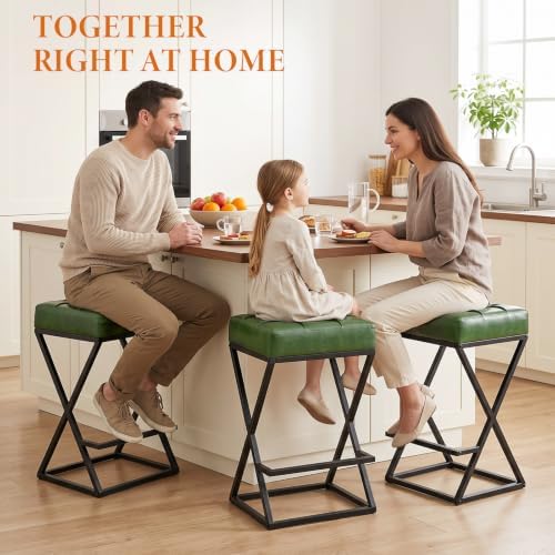 Bar Stools Set of 2, 26 Inch Counter Height Stool Faux Leather Green