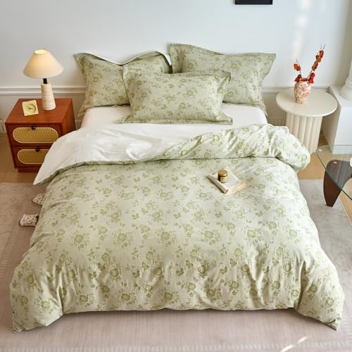 HighBuy Sage Green Floral Duvet Cover Twin XL Textured Design,Premium Muslin Cotton Coquette Floral Comforter Cover Set for College,Farmhouse Gauze Bedding Set with 2 Pillowcases
