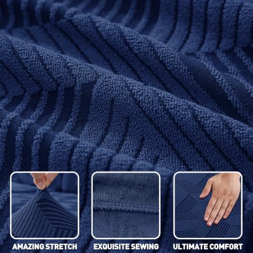 ZNSAYOTX 4 Piece Stretch Couch Covers (72"-90") New-Rectangle Texture, Thick Sofa Covers for 3 Cushion Couch Universal Sofa Slip Cover with Elastic Bottom & Buckle, Washable Protector Navy Blue