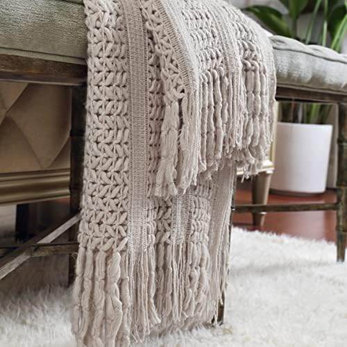 CREVENT Farmhouse Knit Throw Blanket for Couch Sofa Chair Bed Home Decoration, Soft Warm Cozy Light Weight (50''X60'' Taupe)