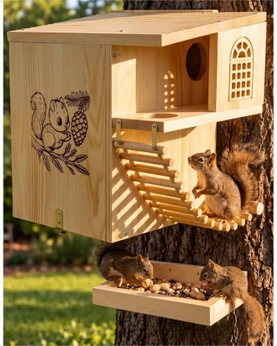 Squirrel House with Feeding Bowl, 16.5" Large Heavy Duty Weatherproof Solid Wood Squirrel Nesting Box with Porch, Ladder & Anti-Predator Latch, Fun Family DIY Assembly Kit Gift, Backyard Outdoor Decor