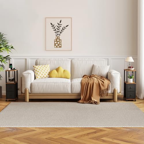 TUTOTAK Small Narrow End Tables, Side Tables with 2 Fabric Drawers, Set of 2, Bedside Tables with Charging Station for Small Spaces, Slim Nightstands with USB Ports and Wheels, TB01BB053