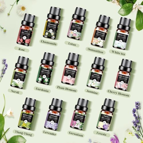 Floral Essential Oils Set - 14 Pcs Fragrance Oil for Diffusers, Aromatherapy, Candle Making - Lavender, Geranium, Rose, Jasmine, Gardenia Aromatherapy Essential Oils Kit