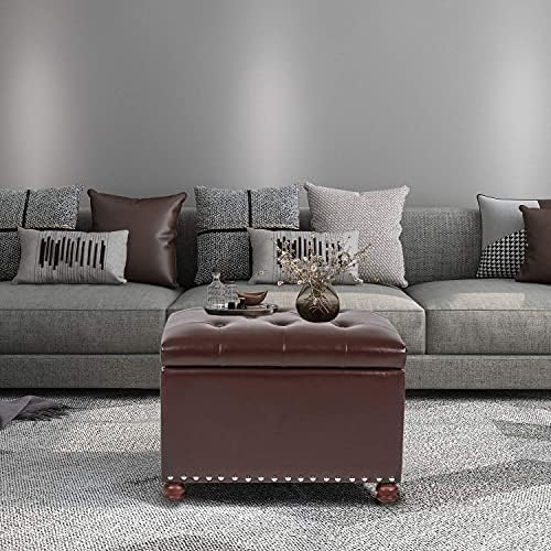 Adeco Button Tufted Accents Rectangular PU Leather Storage Bench Ottoman Footstool for Living Room Bedroom
