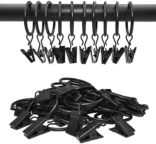 40 Pack Metal Curtain Rings with Clips, 1.26 in ID, Black