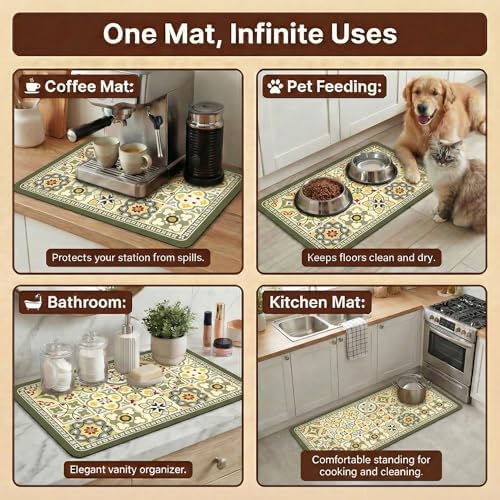 Boho Dish Drying Mat for Kitchen Counter - Super Absorbent Faux Leather Kitchen Mat, Quick Dry & Non-Slip Countertop Protector, Aesthetic Bohemian Decor for Coffee Bar (17"x31.5", GN)