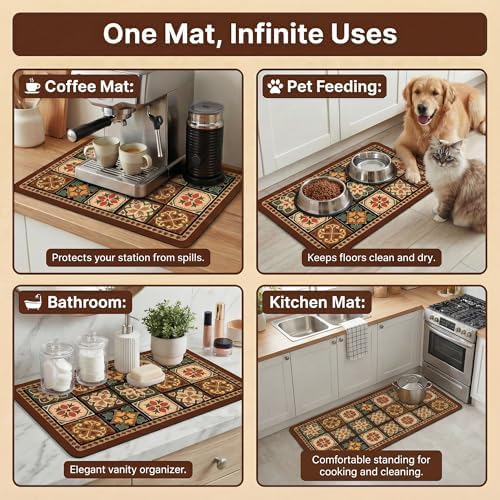 Boho Dish Drying Mat for Kitchen Counter - Super Absorbent Faux Leather Kitchen Mat, Quick Dry & Non-Slip Countertop Protector, Aesthetic Bohemian Decor for Coffee Bar (12"x19", Boho)