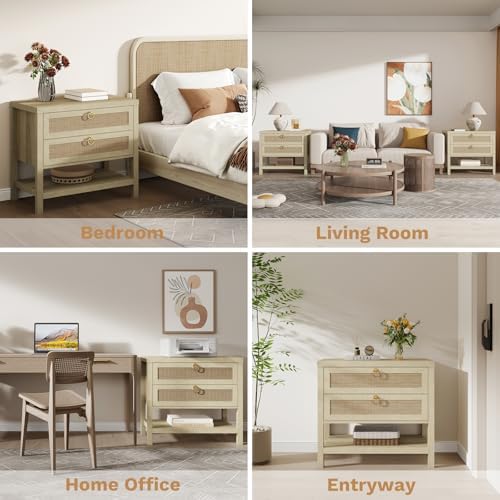 Eclatara Large Rattan Night Stand with 2 Drawers and Storage Shelf