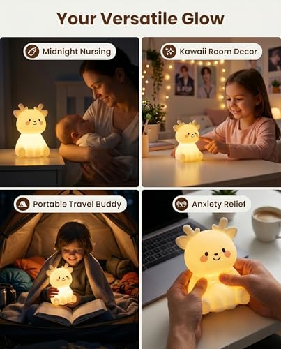 Deer Night Light for Kids, Squishy Dimmable Lamp with Remote & Touch, 15/30/60m Timer 8-Color Nursery Nightlight, Rechargeable BPA-Free Breastfeeding Room Decor Gifts for Girls Boys