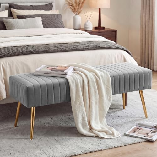 Furniliving 44 Inch Bedroom Benches, Upholstered Tufted Striped Fabric Ottoman Bench with X-Shaped Metal Legs for Living Room, Solid Wood Indoor Bench for Foyer (Grey)