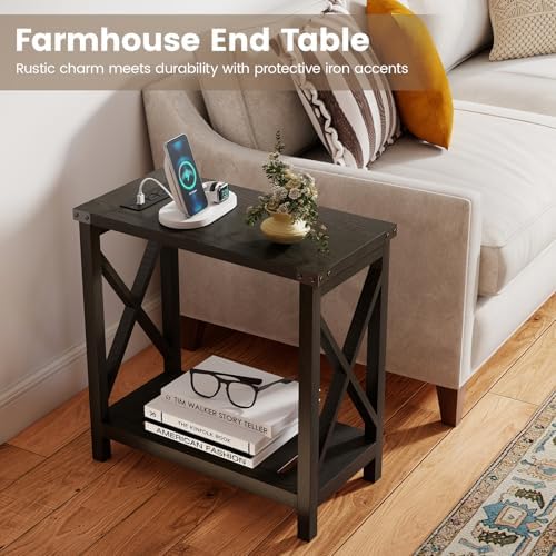Hadulcet Farmhouse Side Table with Charging Station - Narrow Bedside Table for Small Space, Slim End Table, Rustic X-Design Nightstand for Living Room, Bedroom, Classic Black