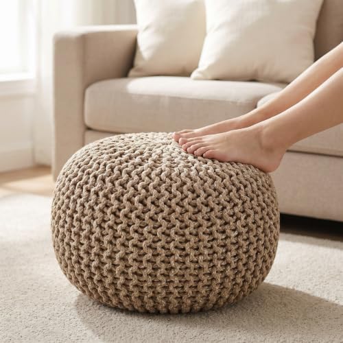 · REDEARTH · Round Pouf Ottoman - Hand Knitted Boho Poof - Beige Ivory