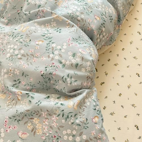 Blue Floral Queen Size Duvet Cover Set 3 Pcs,Cottagecore 100% Cotton Bedding Set for Women,All Season Soft Breathable Queen Comforter Covers with 2 Pillowcases 90"×90"