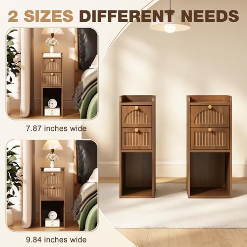 9.84" Narrow Nightstand Set of 2, Fluted Slim Bedside Table with 2 Drawers, Mid Century Modern Small End Table with Gold Metal Handles, for Bedroom, Living Room & Small Spaces - Walnut
