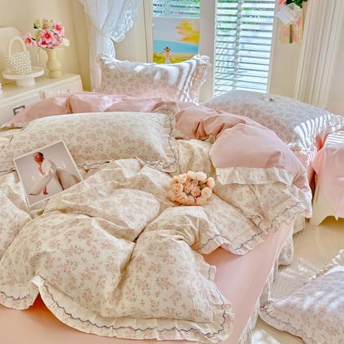 HighBuy Boho Pink Floral Duvet Cover Twin Size,100% Cotton Soft Coquette Ruffle Botanical Bedding Duvet Cover Set,Vintage Princess Flowers Shabby Chic Farmhouse Duvet Cover and Pillow Shams