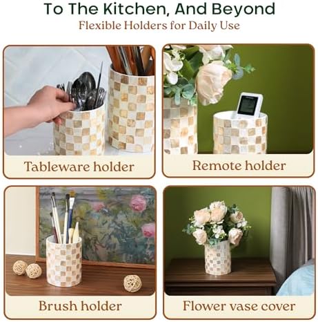 Chi An Home 7.4"+5.8" Capiz Ivory Checkered Cooking Utensil Holder Set 2
