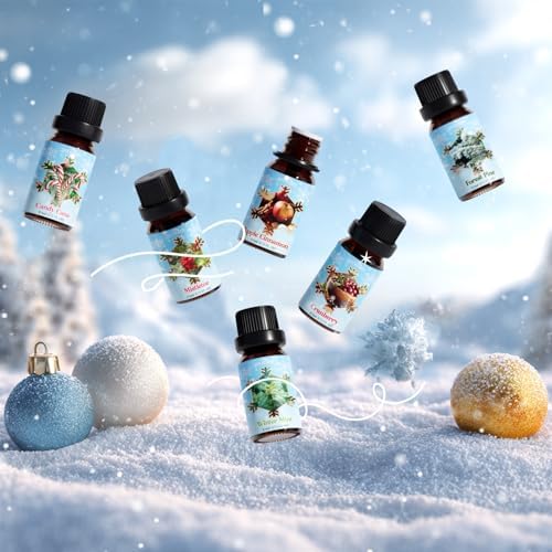 Holiday Fragrance Oil Set, Winter Essential Oils for Diffuser, Apple Cinnamon, Forest Pine, Candy Cane, Winter Mint, Cranberry, Mistletoe, Diffuser Oils Gift Set for Aromatherapy
