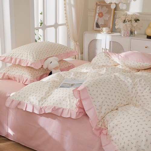 Romantic Pink Floral Duvet Cover Set Full, 100% Cotton Ruffle Lace Bedding Set, Coquette Botanical Flower Comforter Cover with 2 Pillowcases, Soft Aesthetic Princess Bedding for Women Teen Girls