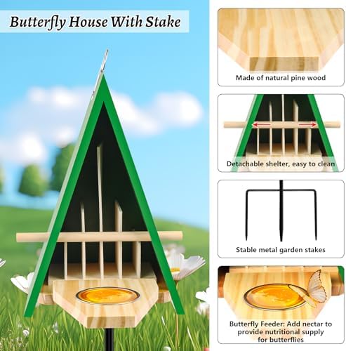 New Butterfly House and Feeder, Wooden Butterfly House with Metal Stake