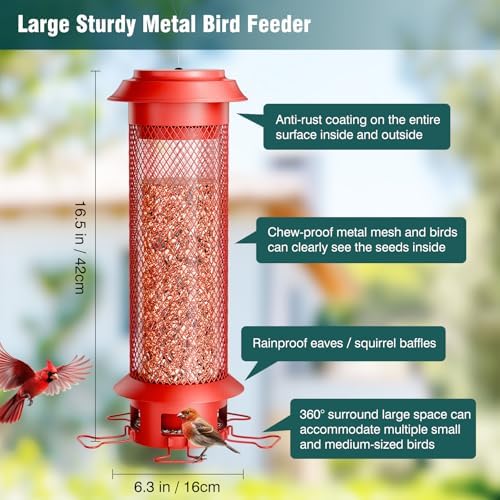 Heavy-Duty Squirrel Proof Bird Feeder, Removable Tray for Easy Cleaning, Weight-Activated Cage, 5 Perches, 4 Lb Capacity, Tube Metal Bird Feeder for Outdoors Cardinals, Finches