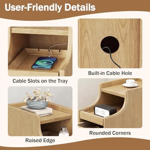 KOMFOTT Narrow Nightstand with Drawers, Solid Wood Bedside Table with Pull-Out Tray & 2 Storage Drawers, Slim Sofa End Table with Cable Management for Small Spaces, Bedroom (Natural,8" x 16" x 20",2)