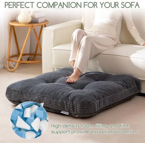 HIGOGOGO 35" Floor Pillow Cushion for Adults, Meditation Cushion Pillow, Extra Large Square Floor Sitting, Tufted Corduroy Cover for Tatami Living Room or Yoga, Dark Grey