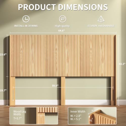 Queen Size Headboard Only, 65" Boho Wood Headboard Modern Fluted with Charging Stations & LED Lights, Wall-Mounted Bed Headboards for Bedroom, Natural