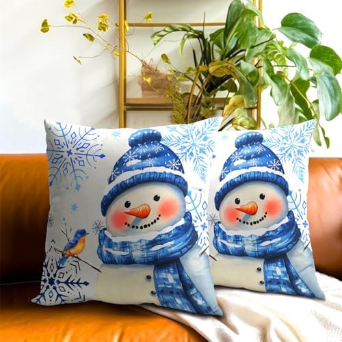 Winter Snowman Throw Pillow Covers 20x20 inch Set of 2 Christma Snowman Blue Snowflakes Bird Decorative Pillowcase Xmas Holiday Cushion Cover for Home Sofa Patio