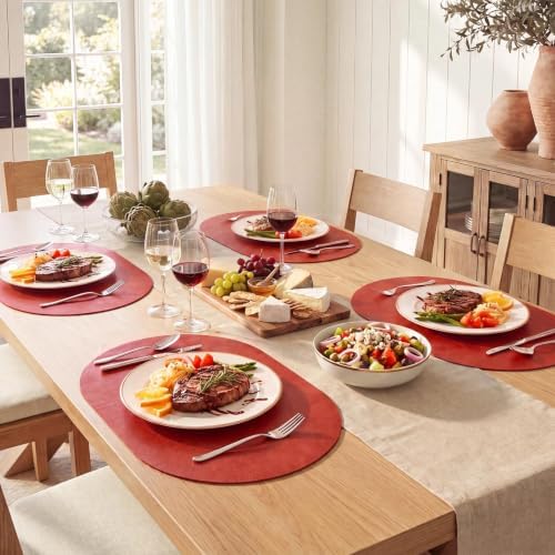 MOSAYT Vinyl Faux Leather Oval Placemats, Set of 8, Red