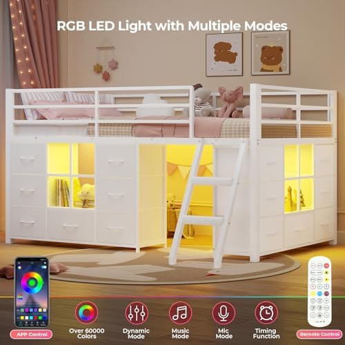 Low Loft Bed Twin Size with 14 Storage Drawers & 2 Shelves, White