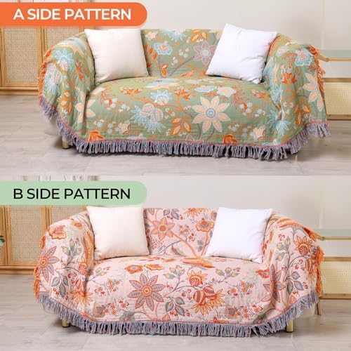 Floral Rustic Large Boho Throw Blanket 90"x98" Orange&Sage Green