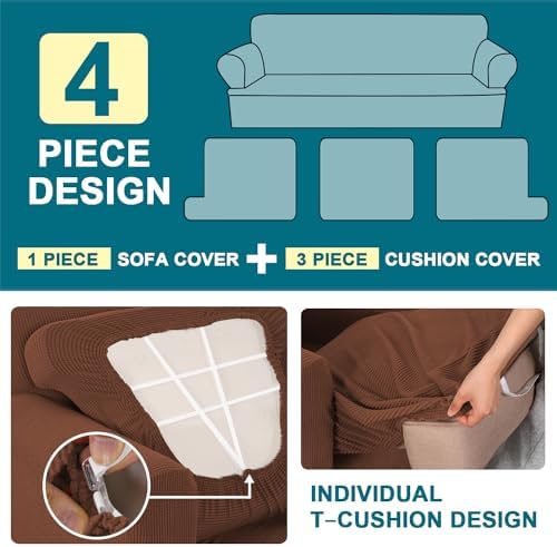 Turquoize 4 Piece T Cushion Sofa Slipcovers Stretch Couch Cover Furniture Covers with 3 Individual T Cushion Covers, Machine Washable (3 Cushion Sofa, Caramel)