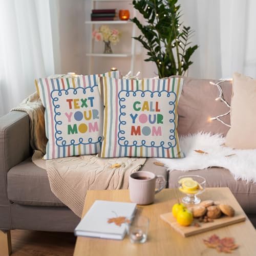 Funny Call Your Mom Throw Pillow Cover 18x18 Set of 2, College Student Gifts Decorative Pillow Covers for College Dorm Room Bedroom Couch Sofa, Colorful Striped Accent Pillows Cover Pillowcases