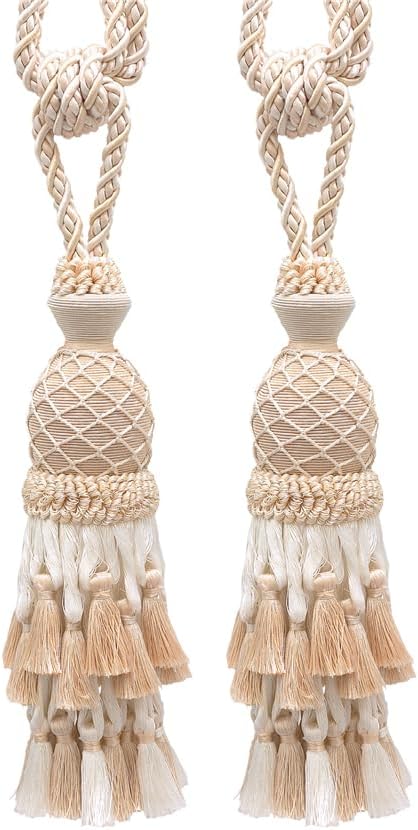 DÉCOPRO Lavish Large Curtain & Drapery Hand Crafted Tassel Tiebacks Tassel Length 11" (27.5cm) 34" Spread (86cm) (Style# TBIL1) Seashell Ivory Multicolor #5055 (White Ivory Off White) Set of 2