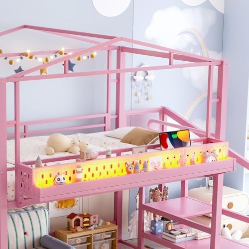Bellemave Full Size Metal House Loft Bed with Slide and Stairs,Heavy Duty Playhouse Loft Bed Frame with Shelves,LED Lights and Charging Station for Kids,Teens,Adults,Pink