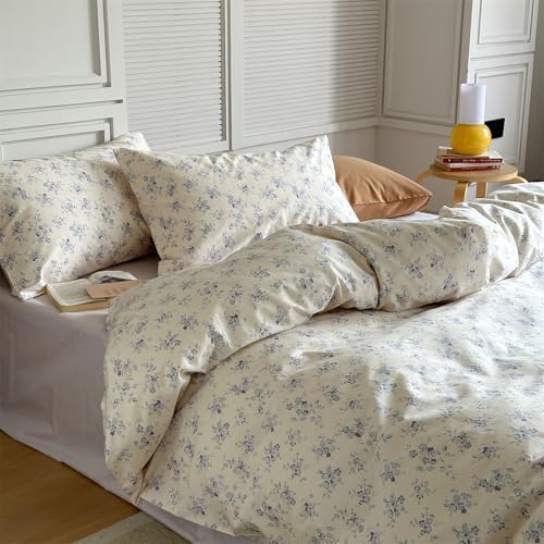 Floral Queen Duvet Cover Off White Boho Queen Size Comforter Cover Cotton Cottage Core Cute Cozy Duvet Cover Set with 4 Corner Ties Lightweight Bedding Queen French Country Duvet Protector