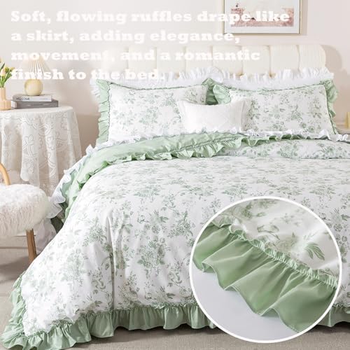 Brandream Twin Duvet Cover Set, 100% Cotton Floral Bedding with Ruffled Edge, Sage Green Vintage Botanical Grandmillennial, Soft Breathable Girls Dorm Cottagecore, 2 Piece