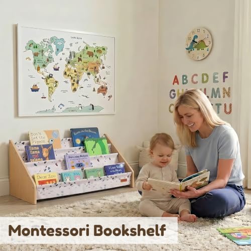 PERFNIQUE Montessori Kids Bookshelf, Wooden Front-Facing Baby Bookcase Organizer for Toddlers, 4-Tier Sling Decorative Book Rack with Deep Pockets for Kid Rooms, Nursery, Playroom & Reading Corner