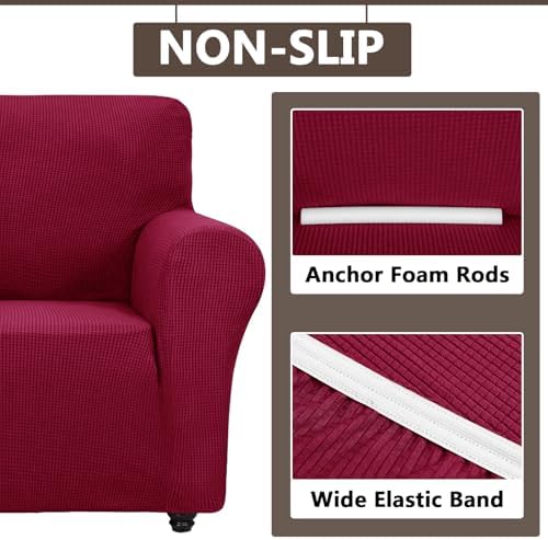 2 Piece Stretch Chair and Ottoman Cover Set, Jacquard Accent Armchair and Foot Stool Slip Cover, Non-Slip Slipcover for Chair with Footrest (Wine,2 Pieces Set)