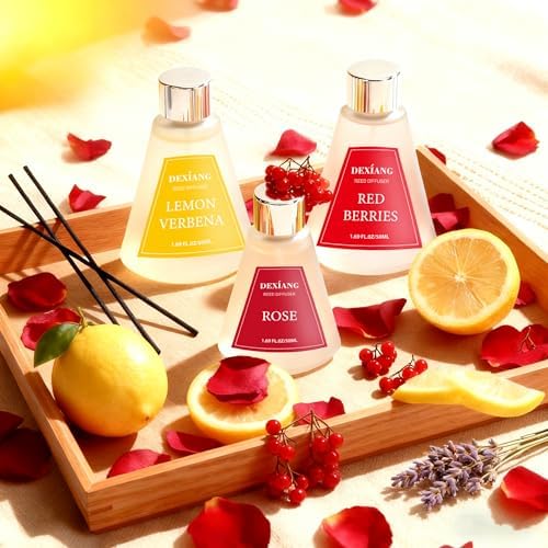 Reed Diffuser Set of 3 Packs, Lemon Verbena/Rose/red Berry Oil Diffuser Reed Diffuser for for Home, Bathroom, Office Decor 1.7 Fl.oz, Total 5.1Oz