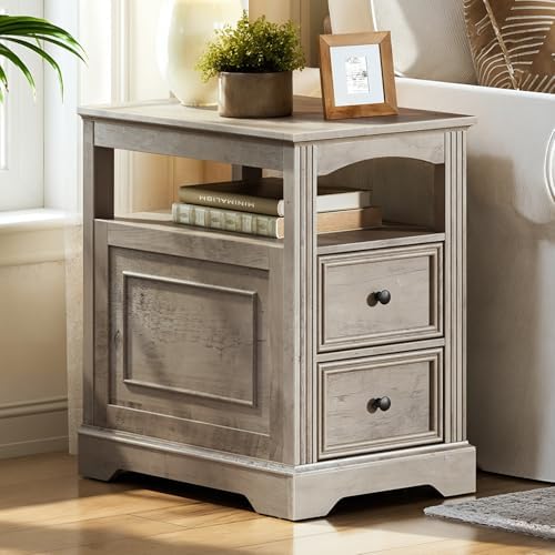 RALGEND Farmhouse End Table with 2 Drawers Set of 2, Greige