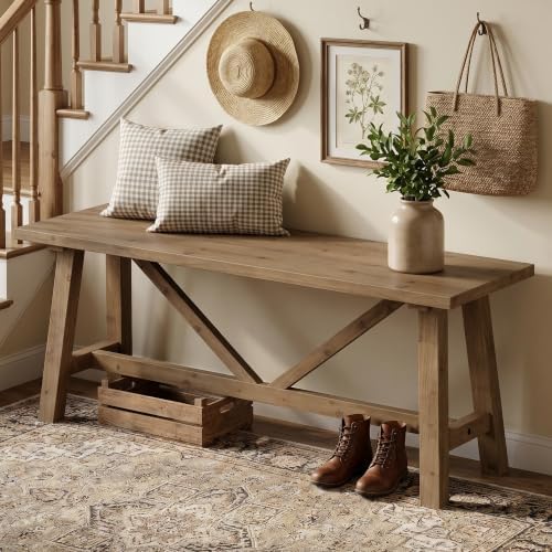 Wnutrees 43" Farmhouse Solid Wood Bench, Narrow Long Seat, Natural