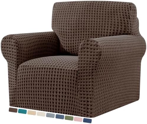 ZNSAYOTX 1 Piece Stretch Chair Slipcover with Arms (34"-44") New-Houndstooth Texture, Thick Armchair Covers for Living Room Universal Chair Slip Cover with Elastic Bottom & Buckle, Brown