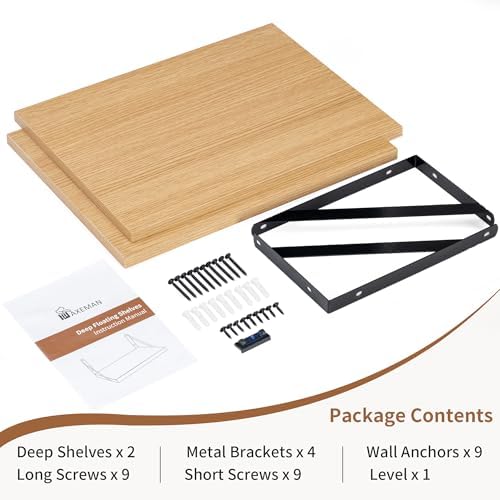 Axeman Deep Floating Shelves, 12 Inch Deep Rustic Oak Floating Wall Shelves Set of 2, 16W x 12D Large Floating Shelves Living Room Cleanning Room Laundry Room Garage - Oak with Black Brackets