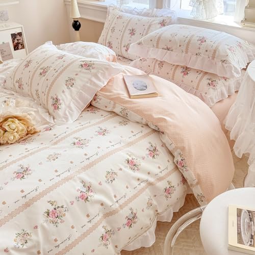 Ruffle Duvet Cover Set 100% Cotton Queen(90"x90"),Pink Flower