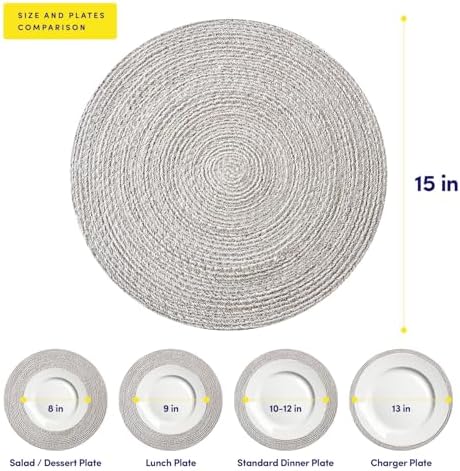 Round Placemats Set of 4-100% Cotton Two-Tone Placemat for Dining Table - Woven Braided Table Setting Place Mat - Washable Table Decor for Kitchen, Farmhouse, Rustic, Everyday Use, Gray