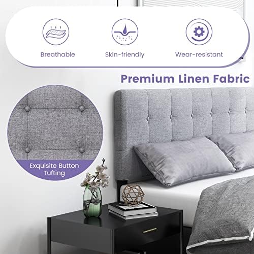 KOMFOTT Linen Upholstered Headboard for Full & Queen Size Bed Frame, Modern Tufted Button Bed Headboard with Solid Rubber Wood Legs, Rectangular Headboard with Adjustable Width, Gray
